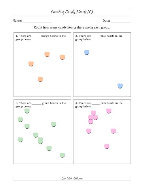 The Counting up to 10 Candy Hearts in Scattered Arrangements (C) Math Worksheet