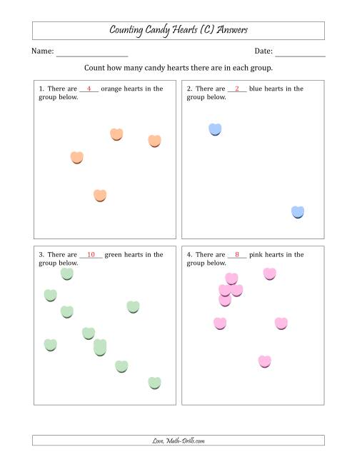 The Counting up to 10 Candy Hearts in Scattered Arrangements (C) Math Worksheet Page 2