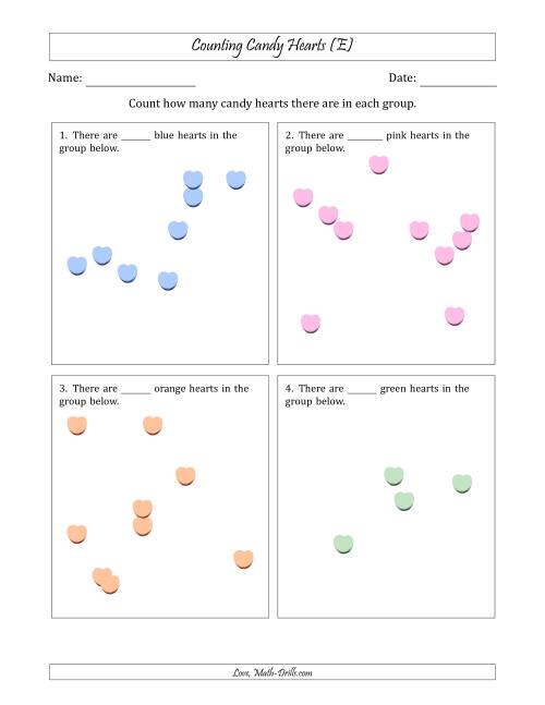 The Counting up to 10 Candy Hearts in Scattered Arrangements (E) Math Worksheet