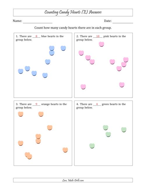 The Counting up to 10 Candy Hearts in Scattered Arrangements (E) Math Worksheet Page 2