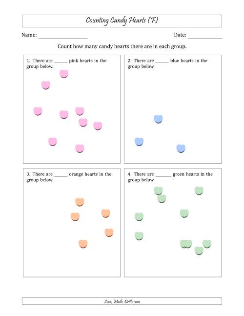 The Counting up to 10 Candy Hearts in Scattered Arrangements (F) Math Worksheet