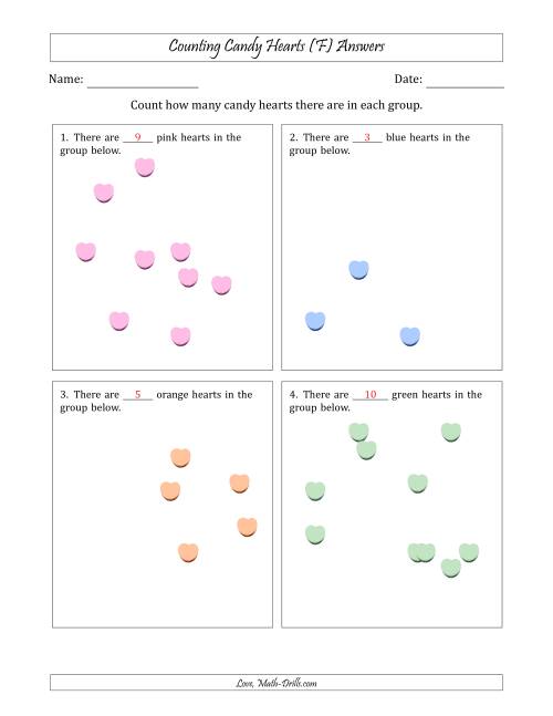 The Counting up to 10 Candy Hearts in Scattered Arrangements (F) Math Worksheet Page 2