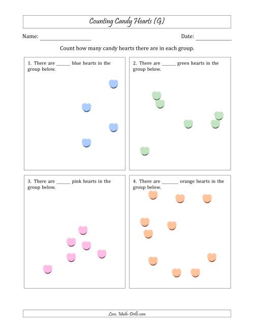 The Counting up to 10 Candy Hearts in Scattered Arrangements (G) Math Worksheet