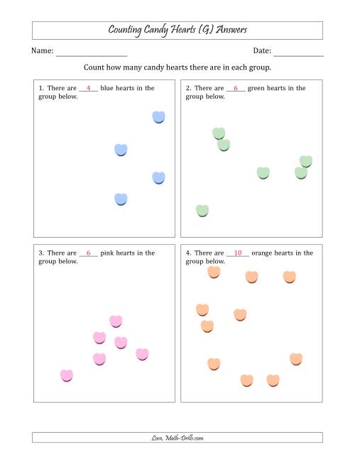 The Counting up to 10 Candy Hearts in Scattered Arrangements (G) Math Worksheet Page 2