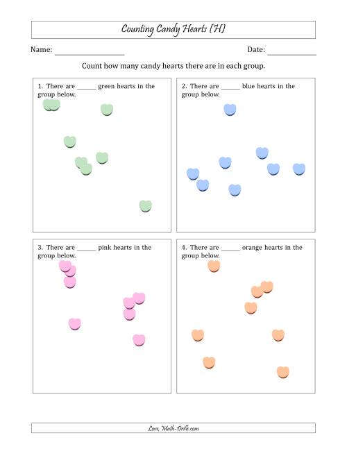 The Counting up to 10 Candy Hearts in Scattered Arrangements (H) Math Worksheet