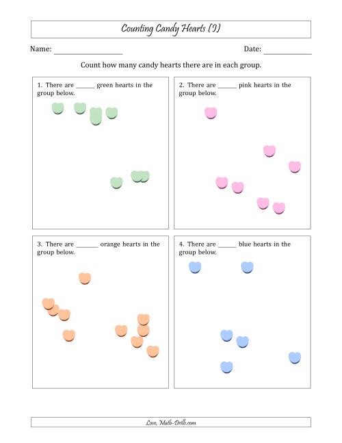 The Counting up to 10 Candy Hearts in Scattered Arrangements (I) Math Worksheet