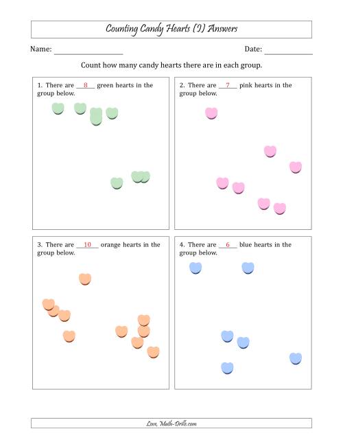 The Counting up to 10 Candy Hearts in Scattered Arrangements (I) Math Worksheet Page 2