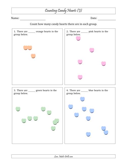 The Counting up to 10 Candy Hearts in Scattered Arrangements (J) Math Worksheet