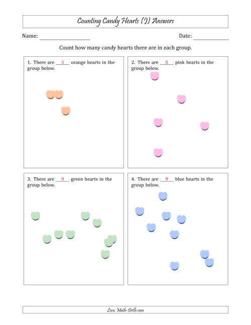 The Counting up to 10 Candy Hearts in Scattered Arrangements (J) Math Worksheet Page 2