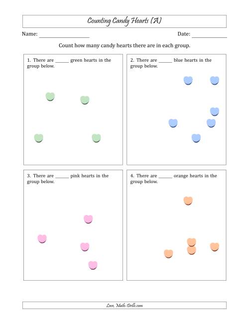The Counting up to 10 Candy Hearts in Scattered Arrangements (All) Math Worksheet
