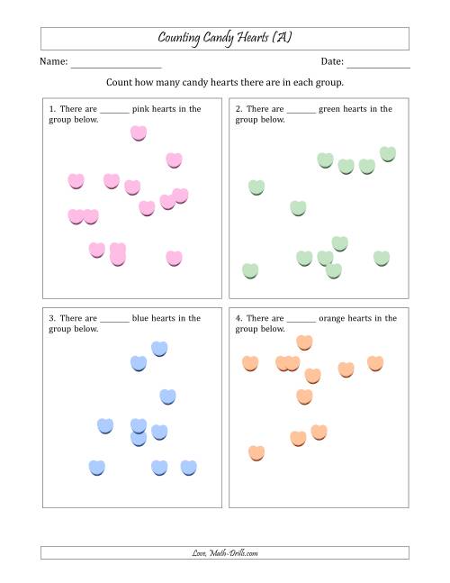 The Counting up to 20 Candy Hearts in Scattered Arrangements (A) Math Worksheet