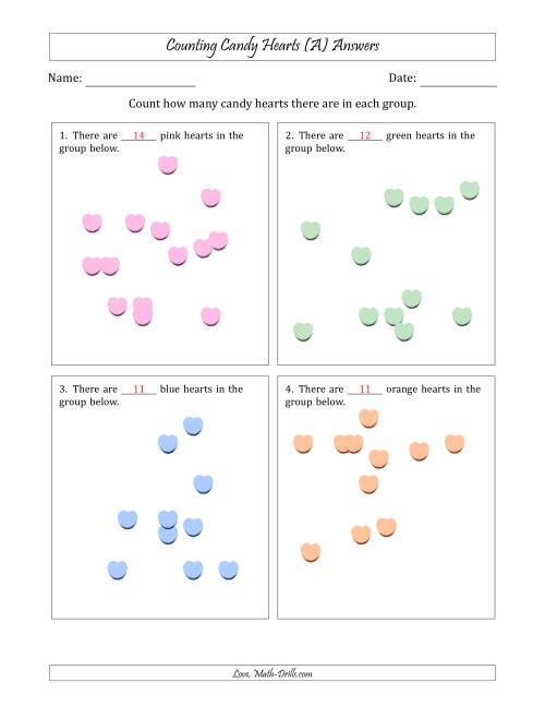 The Counting up to 20 Candy Hearts in Scattered Arrangements (A) Math Worksheet Page 2