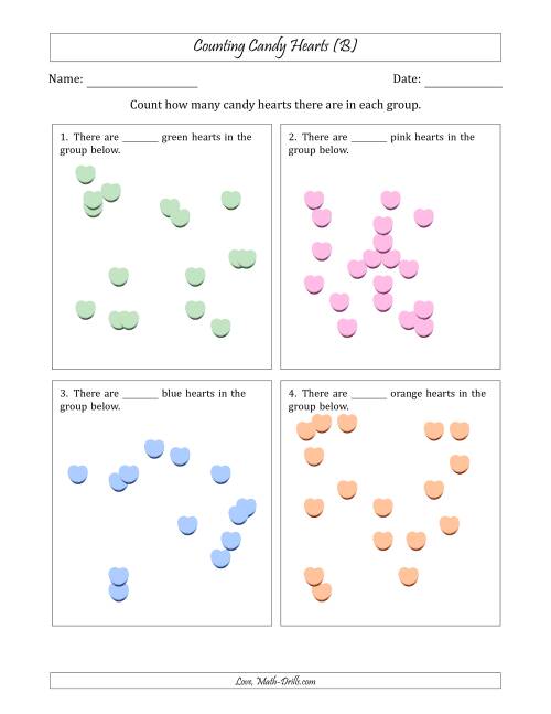 The Counting up to 20 Candy Hearts in Scattered Arrangements (B) Math Worksheet