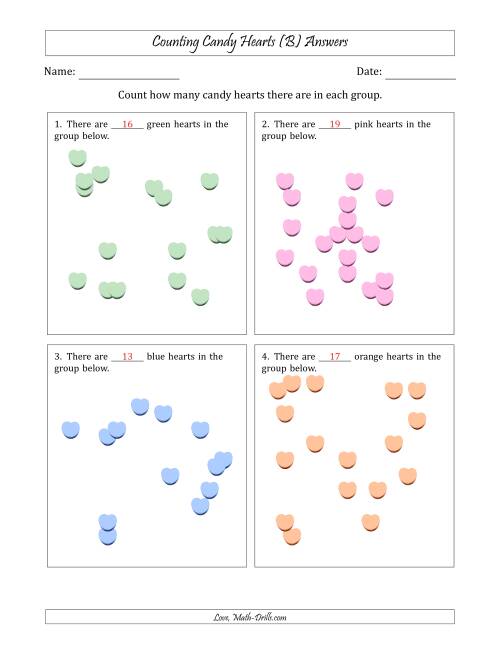 The Counting up to 20 Candy Hearts in Scattered Arrangements (B) Math Worksheet Page 2