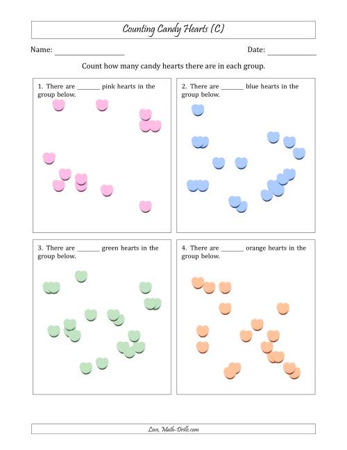 The Counting up to 20 Candy Hearts in Scattered Arrangements (C) Math Worksheet