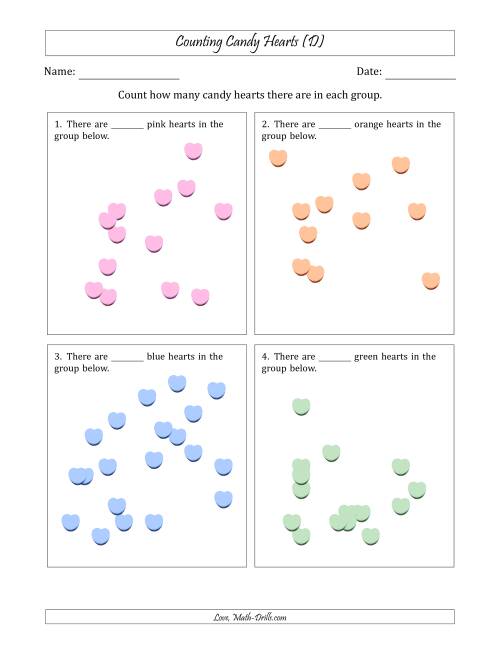 The Counting up to 20 Candy Hearts in Scattered Arrangements (D) Math Worksheet