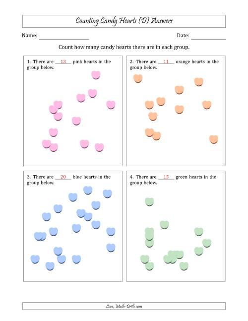 The Counting up to 20 Candy Hearts in Scattered Arrangements (D) Math Worksheet Page 2