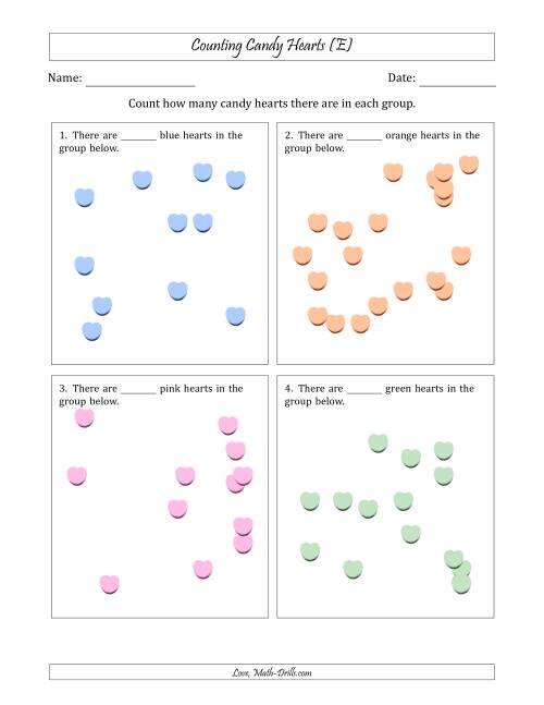 The Counting up to 20 Candy Hearts in Scattered Arrangements (E) Math Worksheet