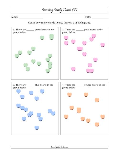 The Counting up to 20 Candy Hearts in Scattered Arrangements (F) Math Worksheet