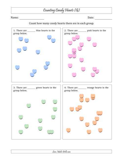 The Counting up to 20 Candy Hearts in Scattered Arrangements (G) Math Worksheet
