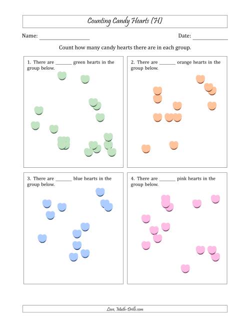 The Counting up to 20 Candy Hearts in Scattered Arrangements (H) Math Worksheet