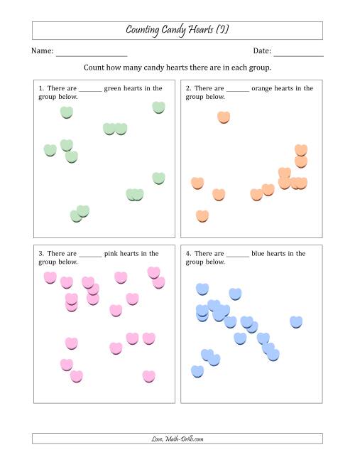 The Counting up to 20 Candy Hearts in Scattered Arrangements (I) Math Worksheet