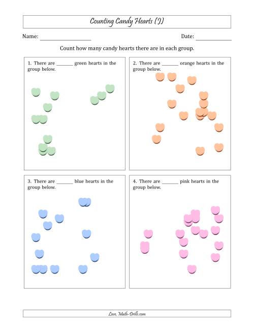 The Counting up to 20 Candy Hearts in Scattered Arrangements (J) Math Worksheet