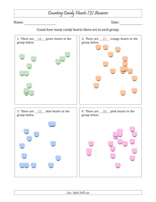 The Counting up to 20 Candy Hearts in Scattered Arrangements (J) Math Worksheet Page 2