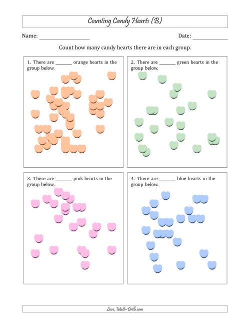 The Counting up to 50 Candy Hearts in Scattered Arrangements (B) Math Worksheet