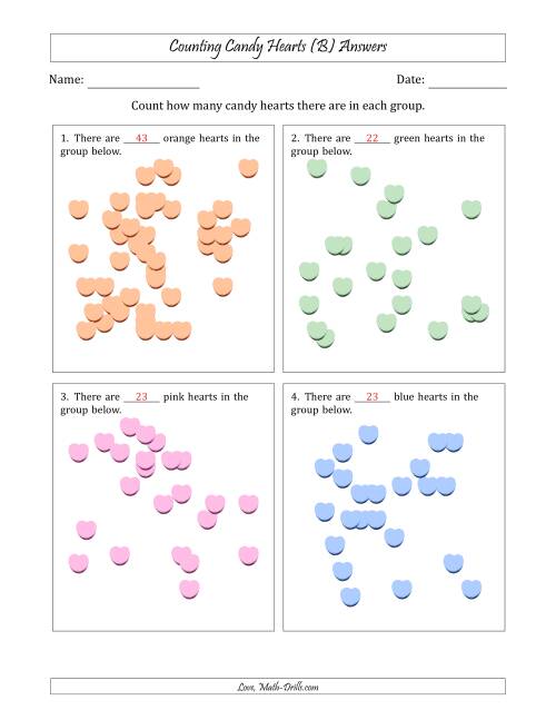 The Counting up to 50 Candy Hearts in Scattered Arrangements (B) Math Worksheet Page 2