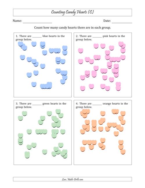 The Counting up to 50 Candy Hearts in Scattered Arrangements (C) Math Worksheet