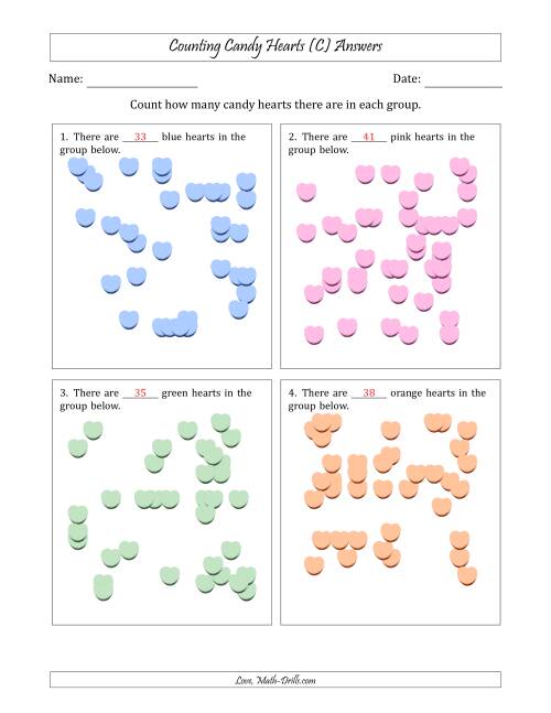 The Counting up to 50 Candy Hearts in Scattered Arrangements (C) Math Worksheet Page 2