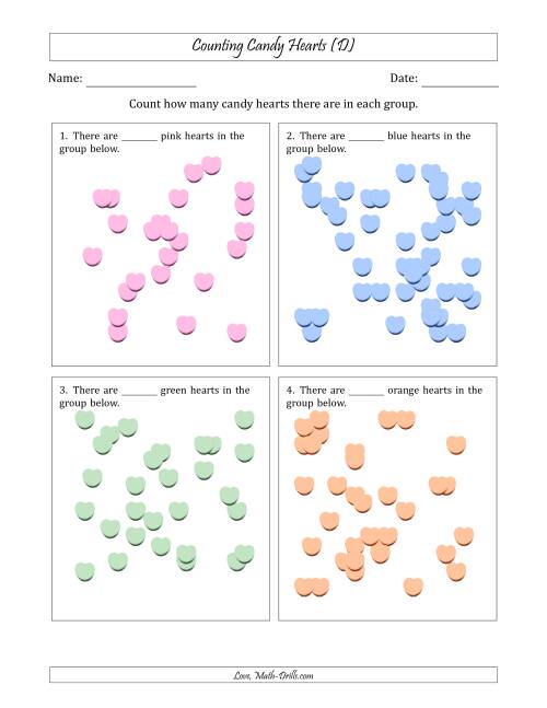 The Counting up to 50 Candy Hearts in Scattered Arrangements (D) Math Worksheet