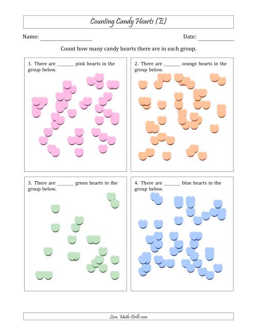 The Counting up to 50 Candy Hearts in Scattered Arrangements (E) Math Worksheet