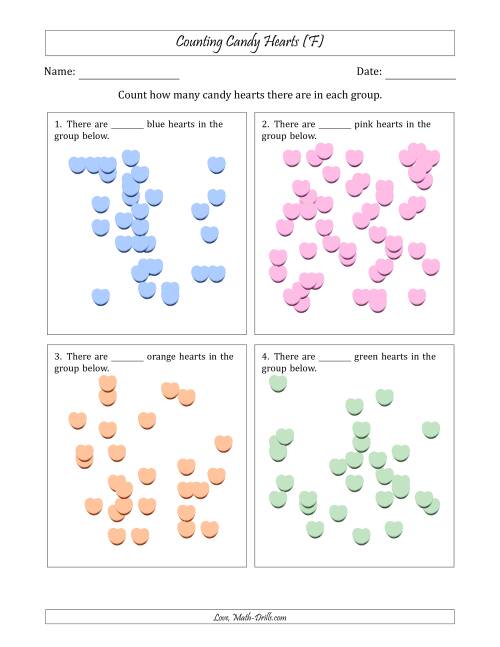 The Counting up to 50 Candy Hearts in Scattered Arrangements (F) Math Worksheet