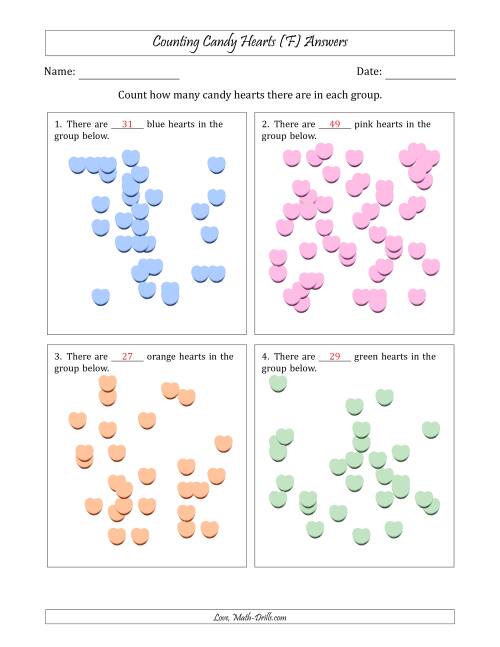 The Counting up to 50 Candy Hearts in Scattered Arrangements (F) Math Worksheet Page 2