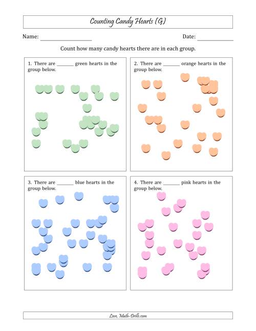 The Counting up to 50 Candy Hearts in Scattered Arrangements (G) Math Worksheet