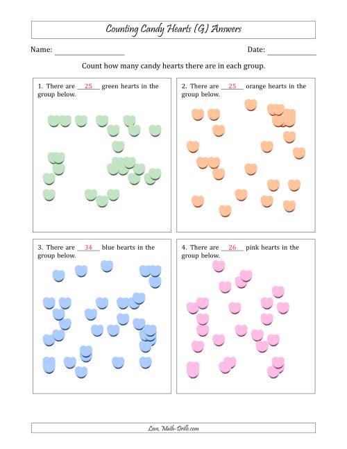 The Counting up to 50 Candy Hearts in Scattered Arrangements (G) Math Worksheet Page 2