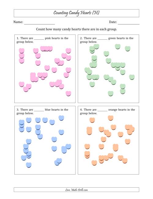 The Counting up to 50 Candy Hearts in Scattered Arrangements (H) Math Worksheet