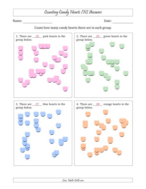 The Counting up to 50 Candy Hearts in Scattered Arrangements (H) Math Worksheet Page 2
