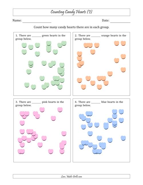 The Counting up to 50 Candy Hearts in Scattered Arrangements (I) Math Worksheet