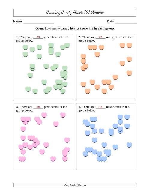 The Counting up to 50 Candy Hearts in Scattered Arrangements (I) Math Worksheet Page 2