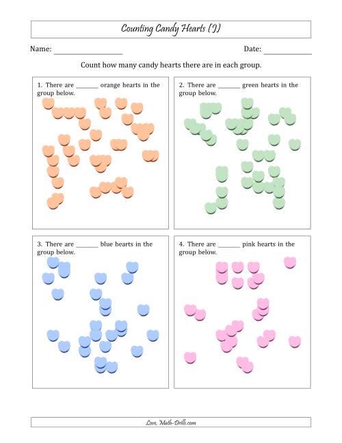 The Counting up to 50 Candy Hearts in Scattered Arrangements (J) Math Worksheet