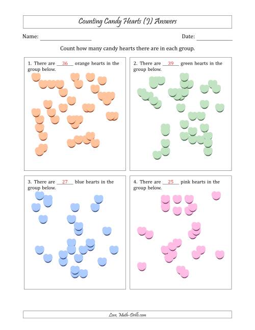 The Counting up to 50 Candy Hearts in Scattered Arrangements (J) Math Worksheet Page 2