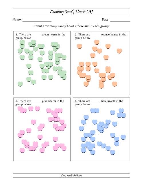 The Counting up to 50 Candy Hearts in Scattered Arrangements (All) Math Worksheet