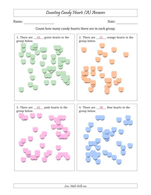 The Counting up to 50 Candy Hearts in Scattered Arrangements (All) Math Worksheet Page 2