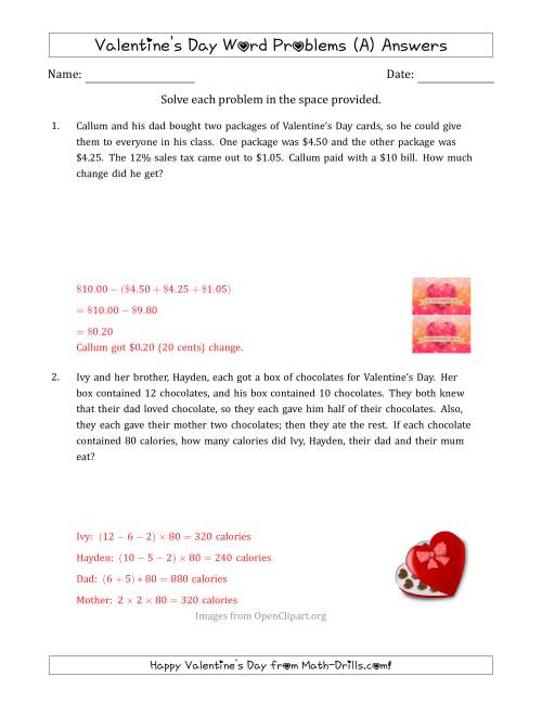 The Valentine's Day Math Word Problems (Multi-Step) (A) Math Worksheet Page 2
