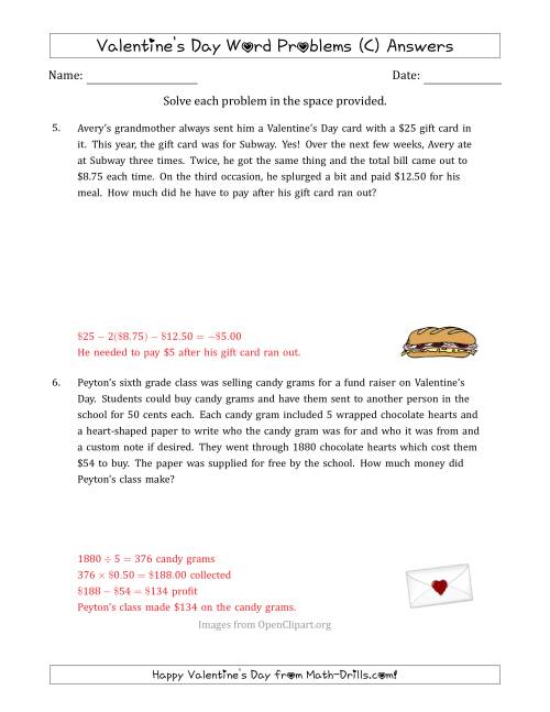 The Valentine's Day Math Word Problems (Multi-Step) (C) Math Worksheet Page 2
