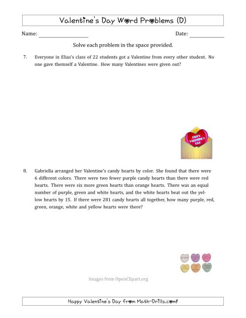 The Valentine's Day Math Word Problems (Multi-Step) (D) Math Worksheet