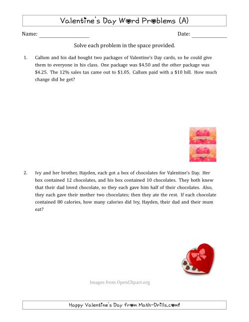 The Valentine's Day Math Word Problems (Multi-Step) (All) Math Worksheet